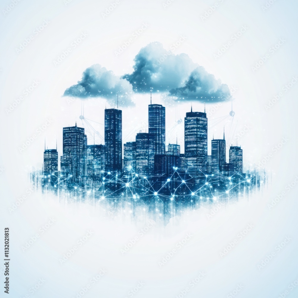 Poster digital cityscape with cloud and network connections representing modern urban technology and connec