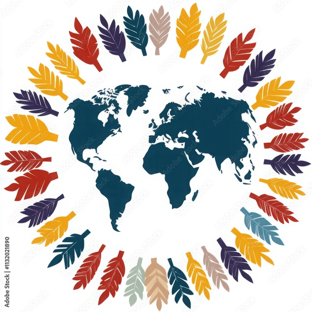 Poster colorful leaf design surrounding the world map in a conceptual representation of nature and global d