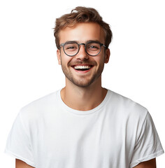 Fototapeta premium High-Quality PNG Horizontal shot of happy hipster male with toothy smile, wears casual white t shirt and glasses Isolated on White Background – High Resolution