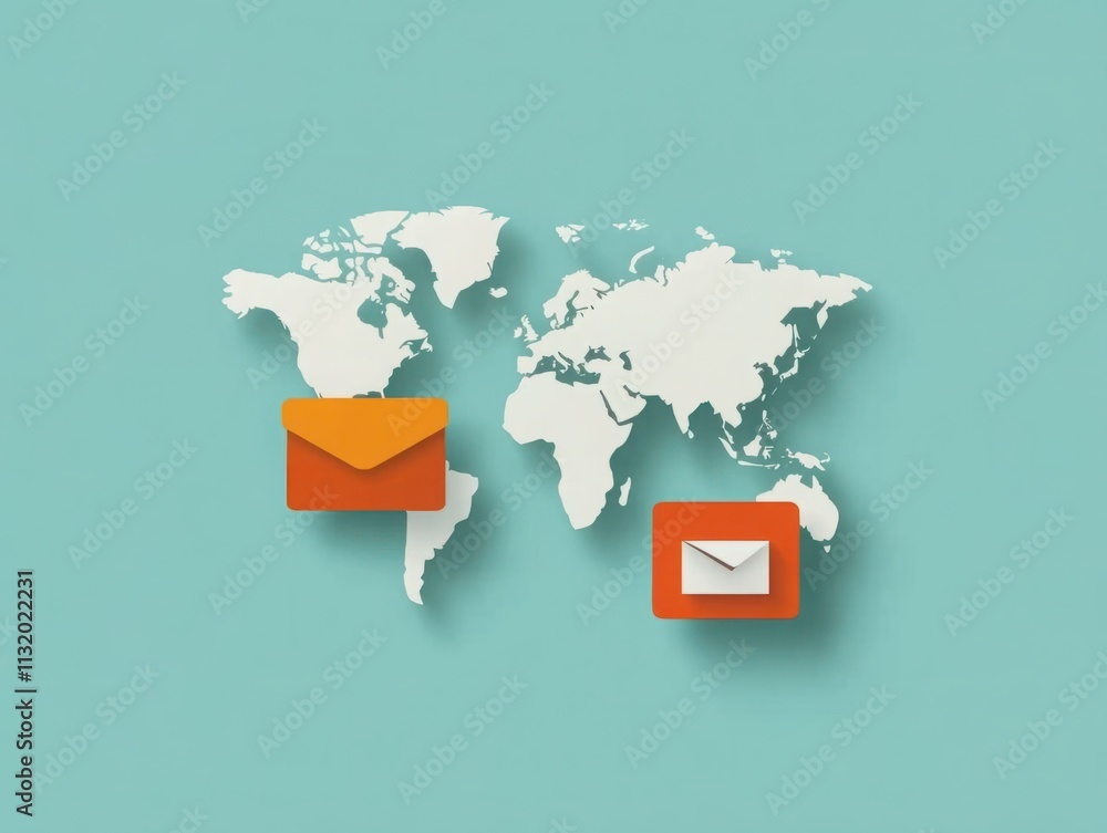 Poster colorful envelopes on a world map background representing global communication and connection in a m