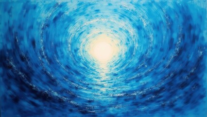 Rainbow glass distortions. Reflective lagoon surface pierced by radiating spirals of aquatic blue and subtle gold highlights.