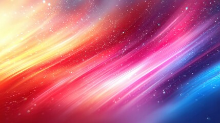 Vibrant abstract background with flowing gradients of red, pink, yellow, and blue, illuminated with sparkling light particles, creating a dynamic and cosmic effect.