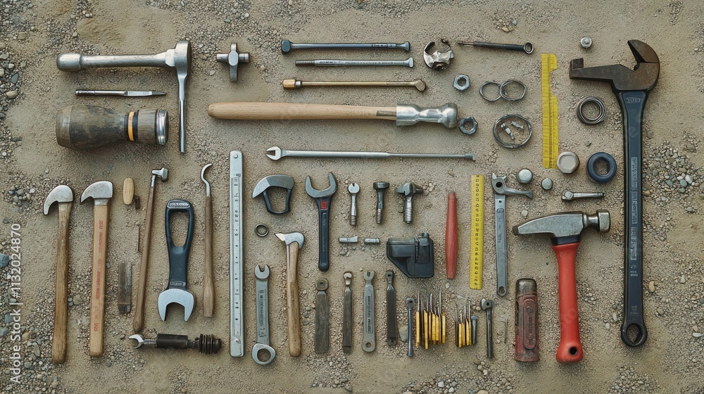 Poster flat lay of various hand tools and hardware arranged on a textured surface.