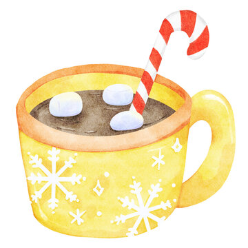 a cup of chocolate with candy canes in it and a candy cane in the middle watercolor hand draw