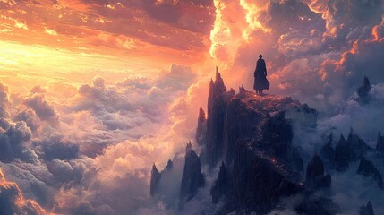 Sunset Over the Clouds: A Solitary Figure on a Mountaintop