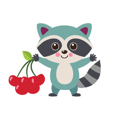 Obraz premium A cute raccoon character holding cherries, designed for playful and cheerful themes.