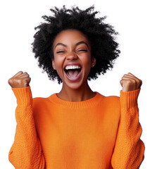 High-Quality PNG Life is wonderful! Joyful dark skinned lady keeps fists clenched, tilts head and exclaims in triumph, celebrates success Isolated on White Background – High Resolution