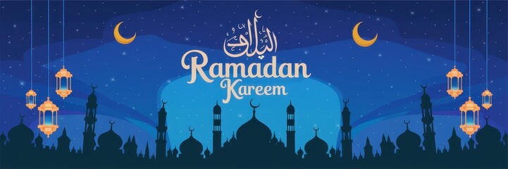 Stunning Ramadan Kareem Celebration with Crescent Moon and Illuminated Mosque Domes