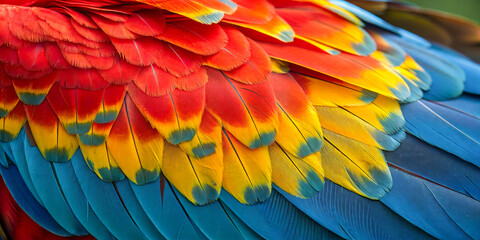 Obraz premium A close-up of a scarlet macaw bird’s vibrant feathers, showcasing a brilliant blend of red, blue, and yellow.