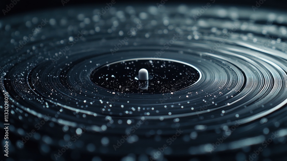 Poster abstract dark concentric circles with glowing center and particles.
