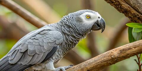 Obraz premium A stunning gray parrot, also known as a Jaco, perched on a branch against a lush green backdrop.