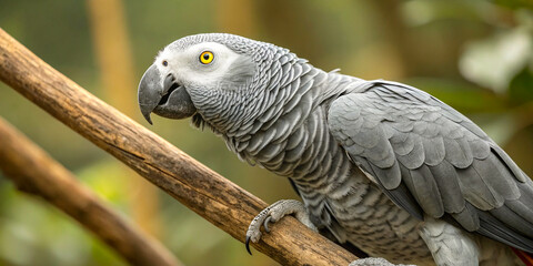 Fototapeta premium The parrot's sleek, silvery-gray feathers are complemented by a vivid red tail, making for a striking contrast. Its sharp, curved beak and intelligent eyes reveal a keen, curious nature.