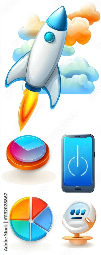 Poster startup rocket with charts and mobile device icons