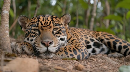 Obraz premium A resting jaguar with distinctive spots lounges on the ground, surrounded by lush greenery in a tranquil, natural setting.