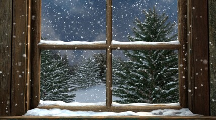 A snowy window view showcasing a winter landscape with evergreen trees.