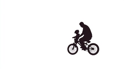 Silhouette of father teaching child to ride bike.