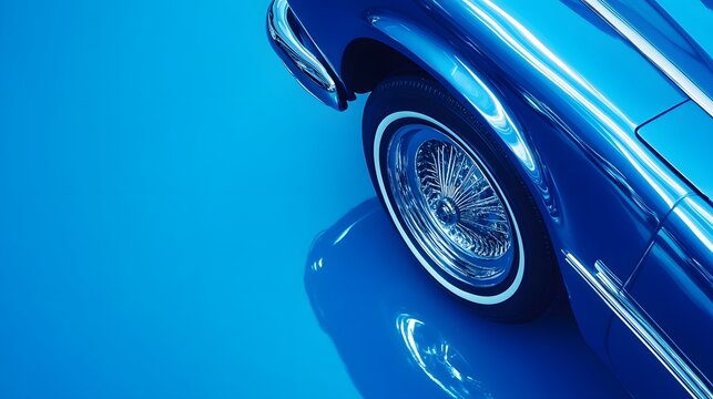 Fototapeta Blue Classic Car Wheel and Fender Detail