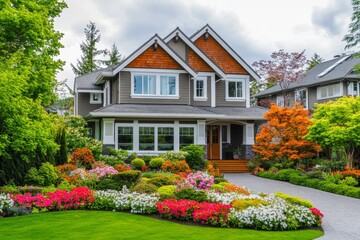 Beautiful two-story house with vibrant landscaping and paved driveway.