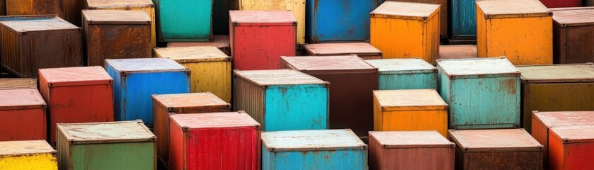 Colorful Cargo Containers Stacked in a Chaotic Arrangement at a Shipping Yard Showcasing an Array of Textures, Patterns, and Bright Hues Under Natural Light