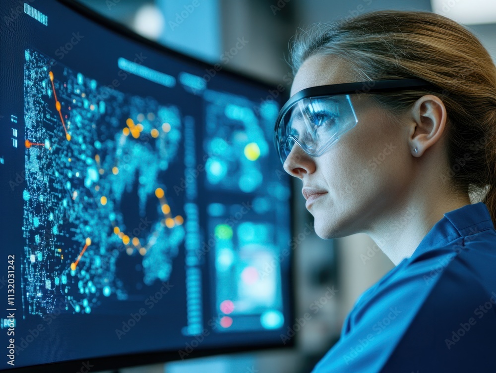 Aufkleber professional woman wearing protective glasses analyzing complex data on a high-tech computer screen 