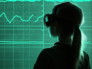 Child Using Virtual Reality Glasses to Explore Data Trends in Interactive Environment with Digital Graphs and Green Background Displaying Information Visualization