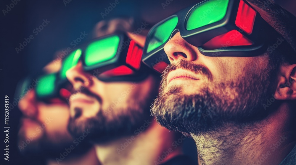 Poster modern virtual reality experience with three men wearing high-tech glasses in a dark atmospheric set
