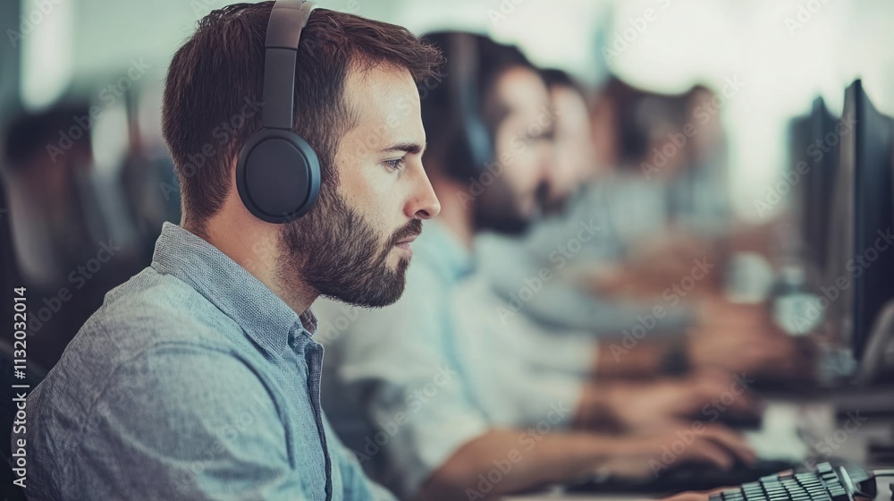 Poster focused young man wearing headphones working on computer in modern office space with multiple collea