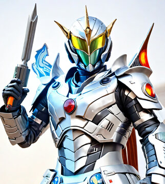 A knight in armor named "Rider Silver Sword" is skilled in using all types of melee weapons. AI-Generated