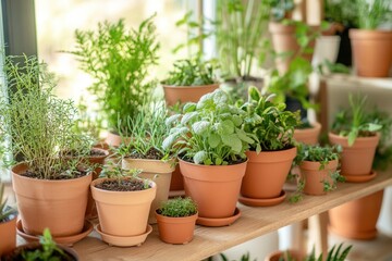 Fototapeta premium Indoor garden with various potted herbs and plants.