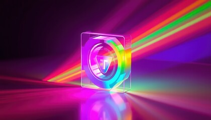 A colorful, illuminated logo encased in a translucent design, radiating vibrant light.