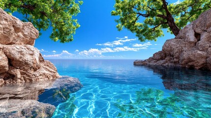 Obraz premium Tranquil Seascape with Crystal Clear Water and Lush Green Trees Along Rocky Shores under a Bright Blue Sky with Fluffy Clouds