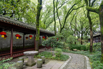 Fototapeta premium A traditional Chinese garden in Tianyige, Ningbo, Zhejiang, features lush, verdant trees providing a canopy overhead, stone pathways, and covered walkways adorned with red lanterns.