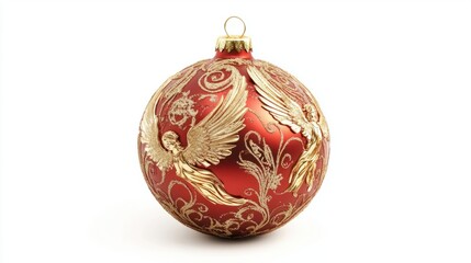 A festive Christmas ball with intricate golden angel patterns, perfect for religious holiday decor, isolated on white