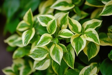 Lush green and variegated leaves in natural setting.