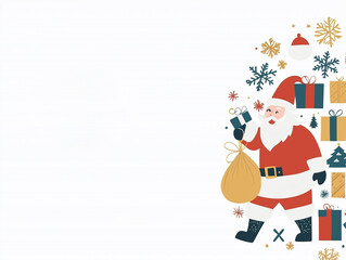 Fototapeta premium Santa Claus with a huge bag on the run to delivery christmas gifts at snow fall.Merry Christmas text Calligraphic Lettering