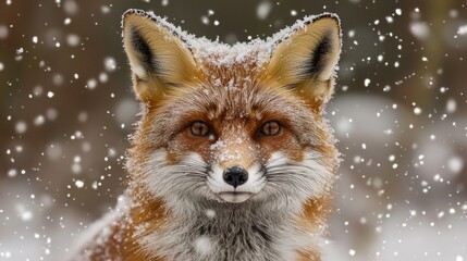 Obraz premium Close-Up of a Red Fox in Snowy Landscape with Snowflakes Falling Gently, Capturing the Beauty and Grace of Wildlife in Winter Weather