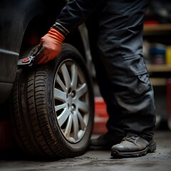 Obraz premium Mechanic inspecting a cars tire for damage