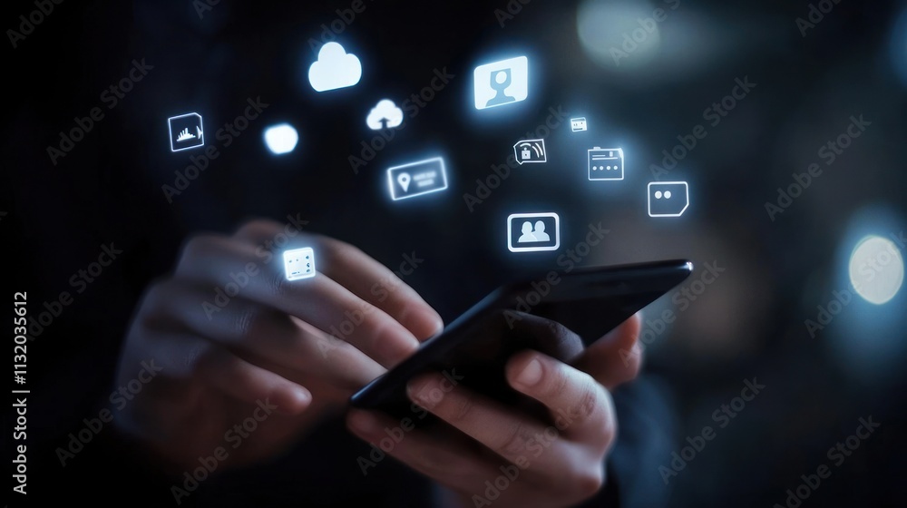 Leinwandbilder a person interacting with a smartphone displaying various app icons.