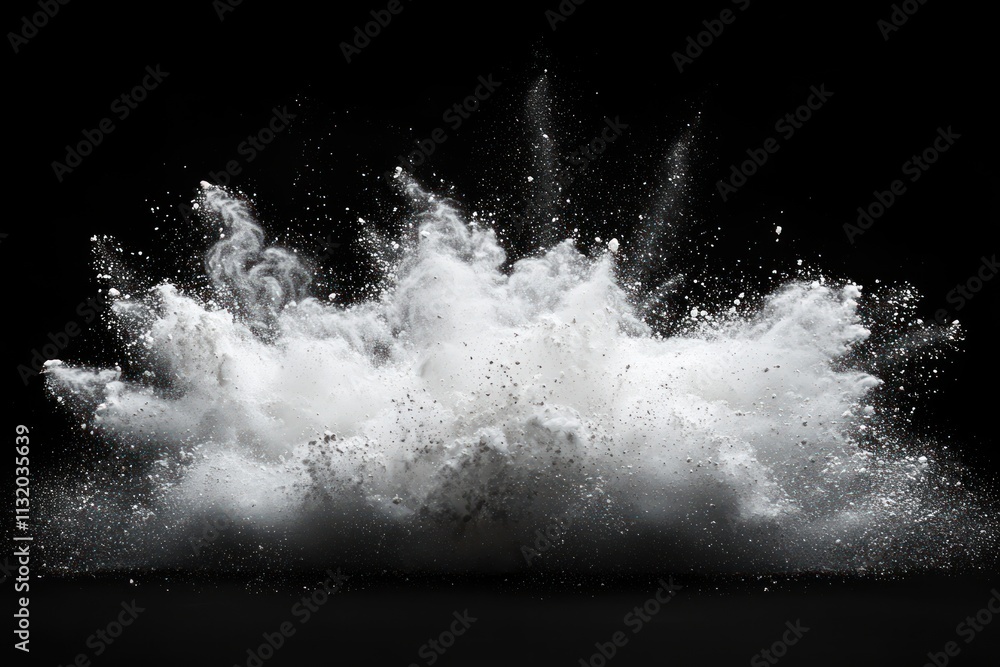 Poster white powder explosion abstract splatters on black background with dynamic colors and texture