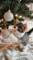 Kitten Enjoying Pet-Safe Ornaments Under Christmas Tree Pet-Friendly Holiday Scene, Pet-Friendly Holiday Scene, Happy Christmas day, Winter vibe 