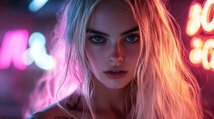 Fototapeta premium Stunning Blonde Woman in Neon City Lights