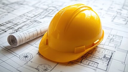Yellow hard hat on architectural blueprints.