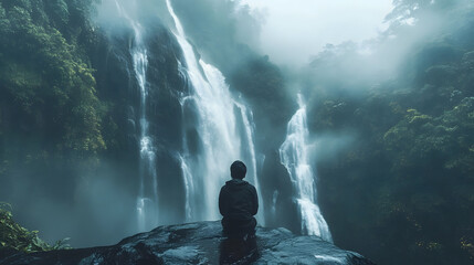 Obraz premium Person Silhouetted Against a Majestic Waterfall in a Misty Forest