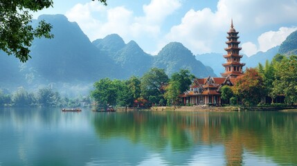 Obraz premium Tranquil Pagoda by the Lake Amidst Karst Mountains