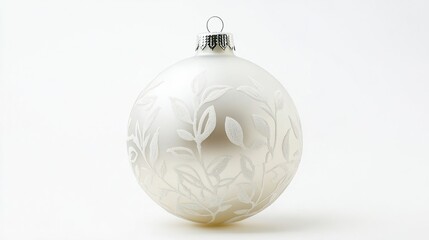 A frosted glass Christmas ball with etched holly leaf designs, set against a clean white background