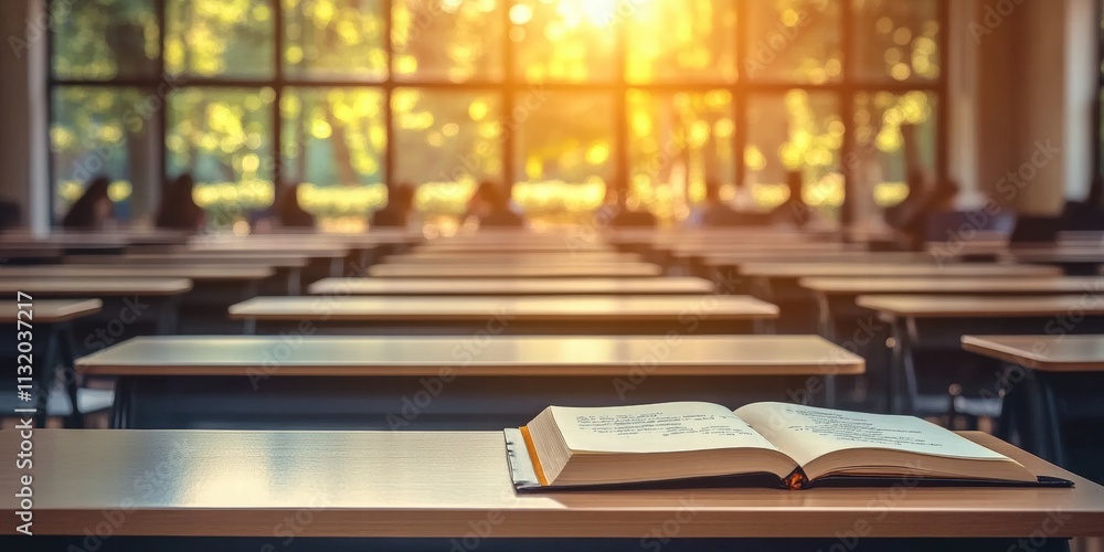 Poster serene empty university classroom bathed in warm natural light with open book on desk