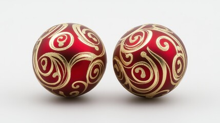 A pair of matching red and gold Christmas balls with detailed swirling patterns, placed on a white backdrop