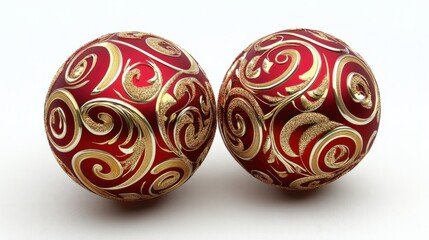 A pair of matching red and gold Christmas balls with detailed swirling patterns, placed on a white backdrop