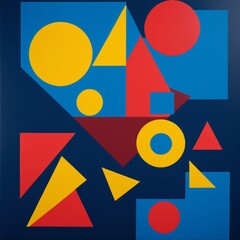 A vibrant abstract composition featuring an arrangement of geometric shapes, including overlapping...