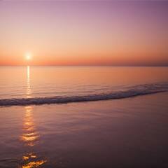 Fototapeta premium A tranquil seascape during the golden hour with soft sunlight reflecting off the ocean's surface. The sky has warm tones of orange, pink, and purple.